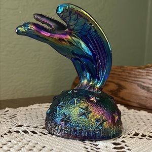 Summit Art Glass Bicentennial Eagle Paperweight Iridized Peacock Carnival Glass